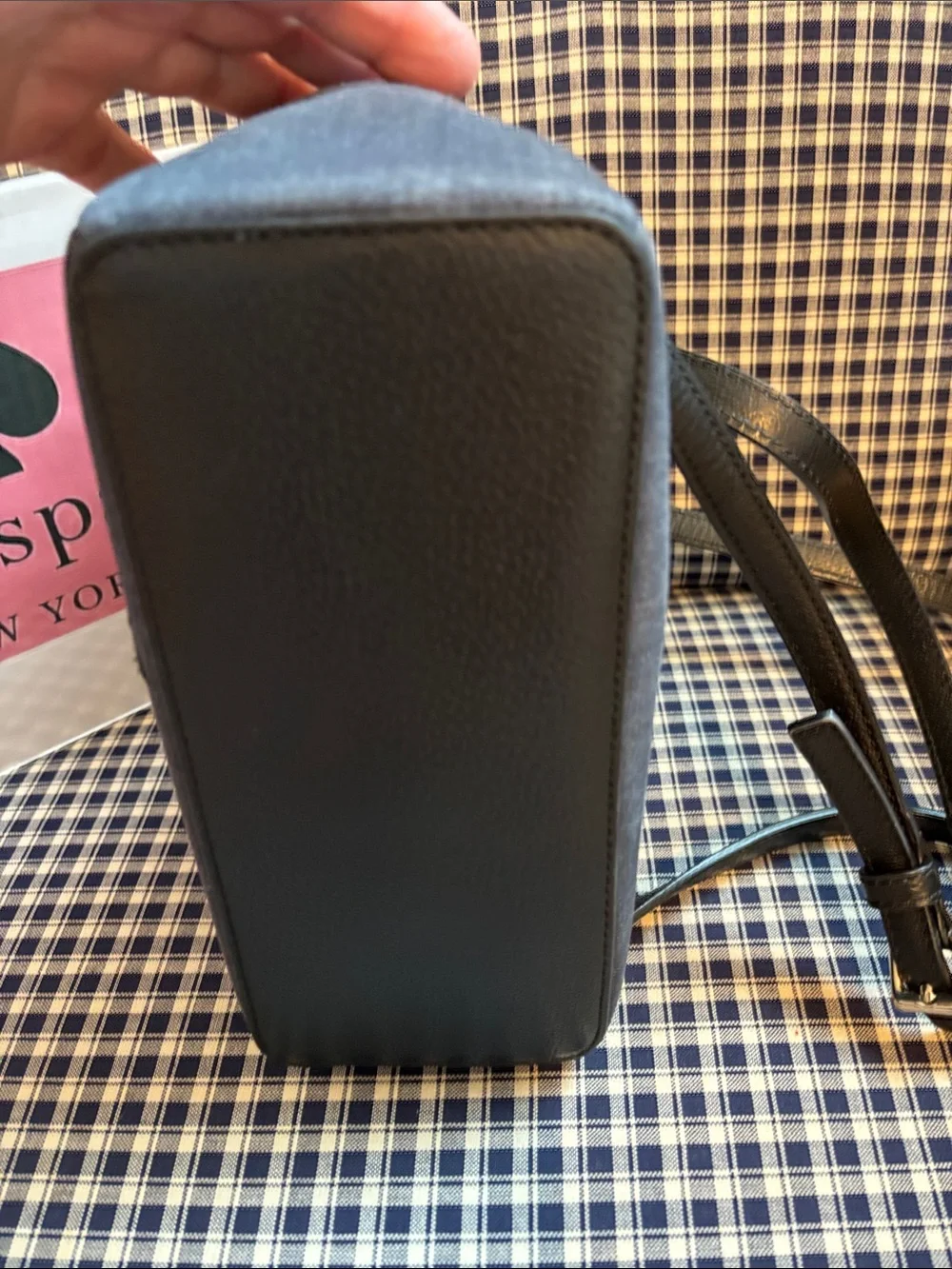 kate spade Grove Street Poppy Dark Denim Mini Backpack with Red Floral Appliqués